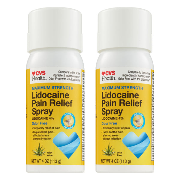 Two front-facing bottles of CVS Health Maximum Strength Lidocaine Pain Relief Spray 4oz, 2 Pack, each containing 4% lidocaine for fast-acting pain and itch relief. Brand: CVS.